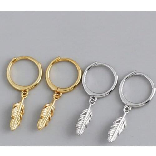 925 Sterling Silver Leaf Feather Pendant Hoop Earrings For Women Simple Golden Ear Buckle Student Accessories