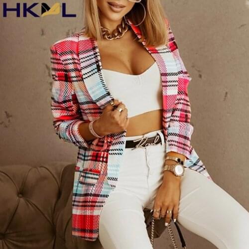 Women Blazer Classic Check Pattern Lapel Cardigan No Button Jacket Elegant Slim Office Blazer 2021 Autumn