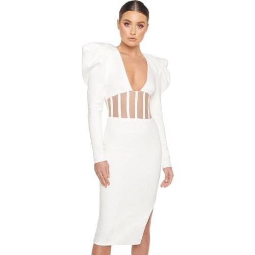 Elegant Bandage Dresses Women Puff Sleeve New Party Club Celebrity White Sexy Autumn Clothing V Neck Bodycon Dresses