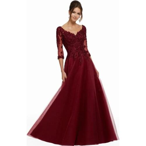 Burgundy mother dress V-neck applique fabric womens fashion prom dress 3/4 sleeves dinner dress ma22