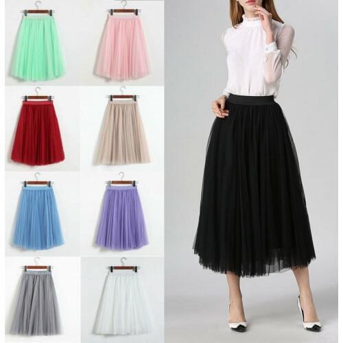 New Women Tulle Chiffon Pleated Double Layer Skirt High Waist One Size Long Elastic Waist Midi Dress
