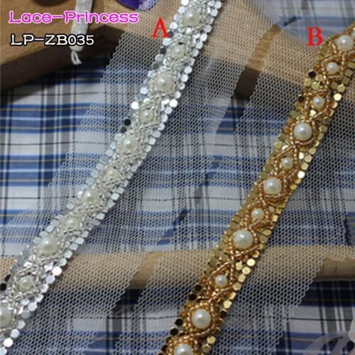 1 yard 1.5CM gold sliver fabric pearl drill clothing accessories collar flower DIY handmade beading Braid lace trim fabric ZB035