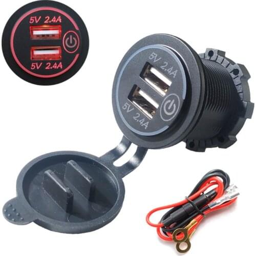 12V/24V Waterproof 2.4A Dual USB Charger Socket Power Outlet with Touch ON OFF Switch LED Light for Car Marine Boat Motorcycle
