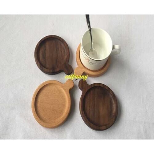 50pcs/lot wholesale Solid Wood Coffe Cup Coasters With Handle Beech Black Walnut Wooden Round Drink Cup Pads Tea Cup Mats