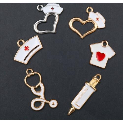 6pcs Fashion Enamel Medical Jewelry Pendants, Stethoscope Charms, Syringe Charms, Nurse Hat Charms, Love Heart T-shirt Charms