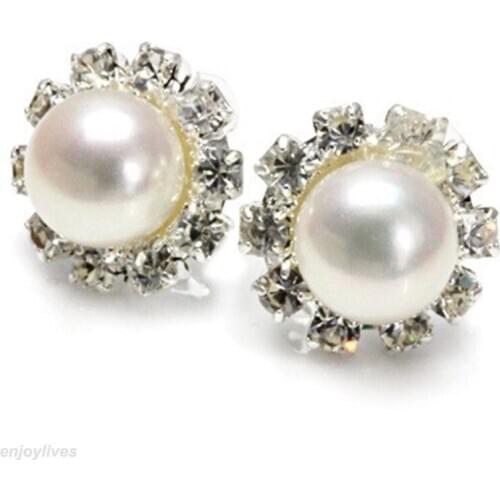 7-8mm Genuine Natural Black White Pink Purple Pearl 18KWGP Crystal Stud Earrings