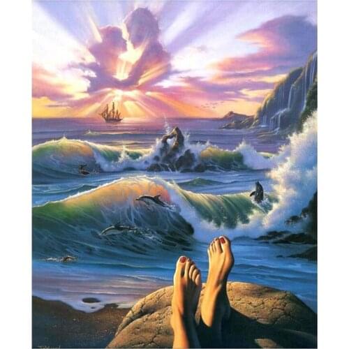 New 5D DIY Full Round Diamond Painting Couples Seaside Scenery Cross Stitch Landscape 3D Embroidery Rhinestone Mosaic Home Decor