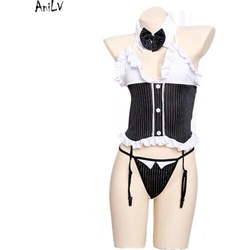 AniLV Pool Party Women Bar Maid Swimsuit Costume Summer Girl Striped Ruffle Halter Swimwear Uniform Cosplay