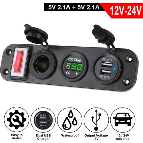Power Outlet 5V 2.1A +2.1A Car Cigarette Lighter Charger Car Switch Panel 12-24V LED Display Digital Voltmeter Double USB