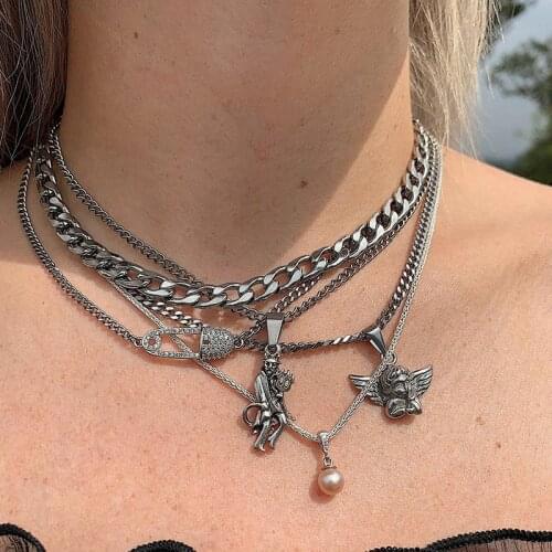 5pcs Goth Pearl Pin Angel Choker Necklace for Women Metal Punk Charms Friendship Necklace Jewelry 90s Style Aesthetics Gifts New