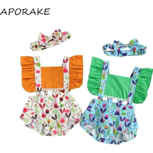 2021 0-18M Cute Infant Baby Girl Playsuit Ruffle Cartoon Animal Print Short Sleeve Hollow Backless Jumpsuit +Headband 2pcs