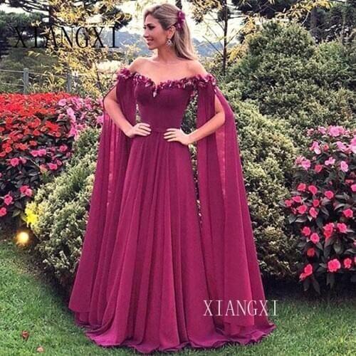 Long Fuchsia Flowers 2020 Evening Dresses With Sleeves Chiffon Prom Gowns Robe De Soiree Elegant Formal Arabic Dress