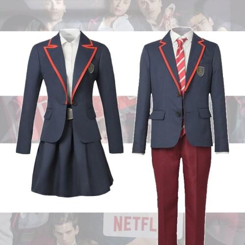 Elite School Uniform Cosplay Costume New TV High School JK Uniform Dark Blue Jacket Pants Belt Skirt Halloween Girls Boys
