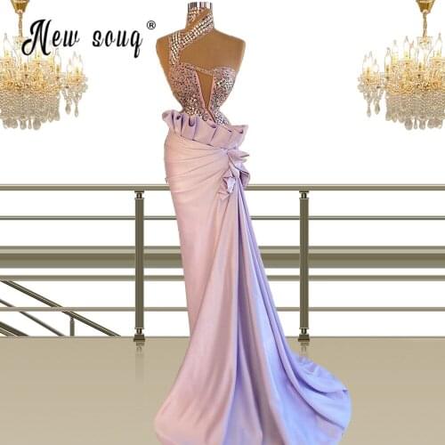 Purple Luxury Crystals Prom Dress High Neck Ruffles Beaded Evening Dress Long Robe Soiree Middle East Pageant вечернее платье