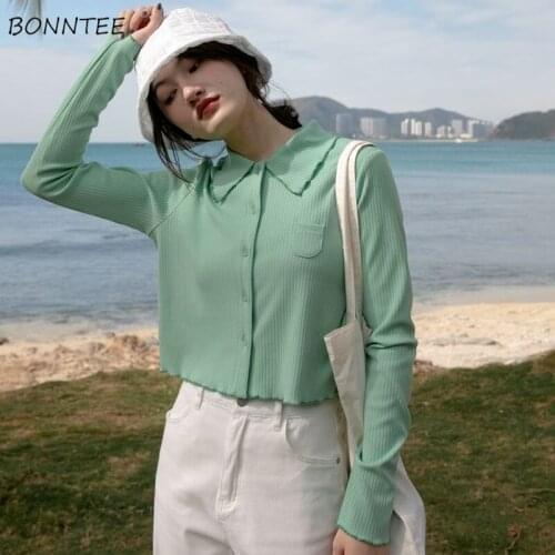 T-shirts Women Leisure Vintage All-match Candy Color Long Sleeve Turn-down Collar Design Fashionable Buttons Teen Preppy Style