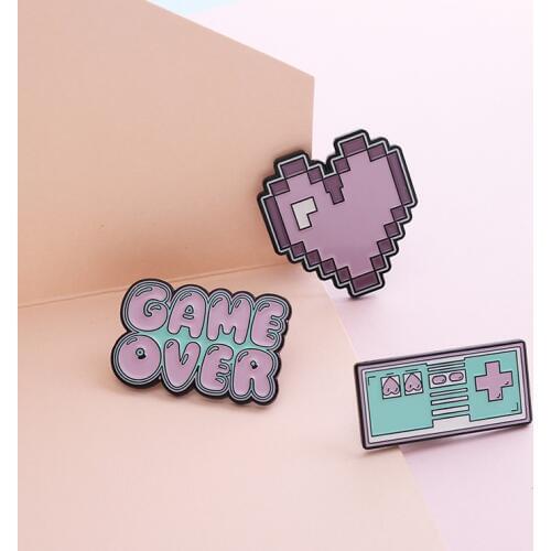 GAME OVER ! Cute Cartoon Pixel Gamepad Heart Pink Purple Brooches Denim coat Pin Shirt Badge Enamel Pins Gift for Friends