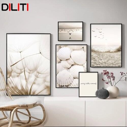 White Shell Sea Bird Beach Wall Art Flower Dandelion Canvas Painting for Living Room Nordic Print Poster Picture Home Decor