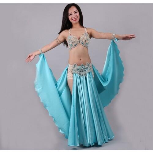 Professional Belly Dancing Costumes Set Performance Diamond 2PCS Bra Skirt Oriental Beads Costume Belly Dance Dress C/D Cup