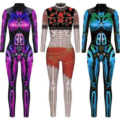 3D print Halloween Robot Cosplay Costume Game Black lily Adult Carnival Zentai Jumpsuits Costume For Women Fancy Bodysuit Party