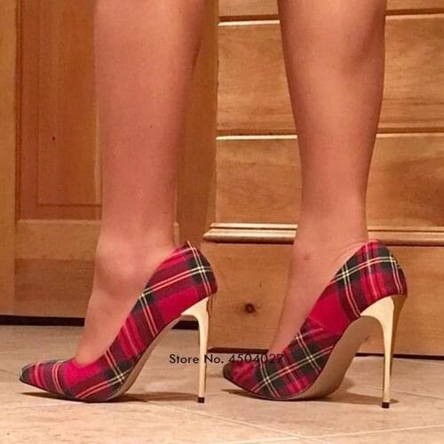 Red Plaid Cloth Wedding Shoes 12cm 10cm Thin High Heel Pointed Toe Checkered Banquet Pumps