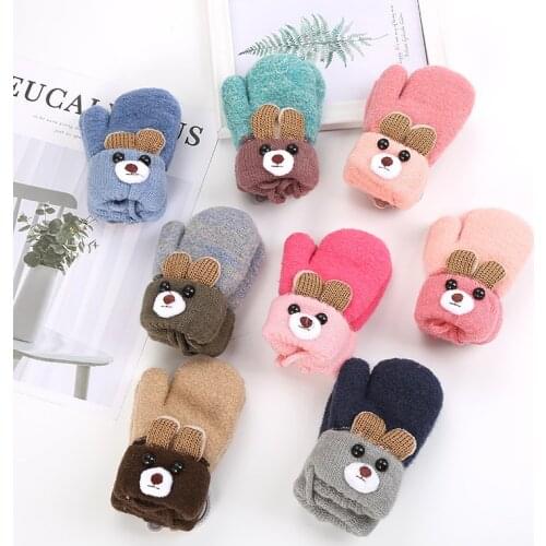Cute Cartoon Bear Baby Gloves Winter Knitted Wool Infants Mittens Thicke Warm Full Rope Gloves For Boys Girls Toddlers 0-3 Y