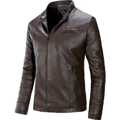 2021 Mens Leather Jacket Motorcycle Casual PU Coats Fashion Jackets Slim Fit PU Coat Men Zipper Solid Male Full Regular Stand