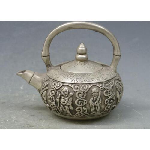 #5 antique QingDynasty silver tea pot,the Eight Immortals kettle ,hand carved crafts /collection & adornment,Free shipping