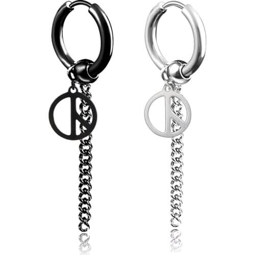 Punk Peace sign Chain Pendant Drop Earrings For Men Classic Stainless Steel Chain Tassels Earrings Jewelry Brincos Gift