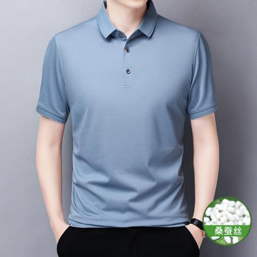 2021 Summer Mens Business Casual Thin Short Sleeve Polo Shirt High Quality Mulberry Silk Comfortable Pink Polo Breathable Tops