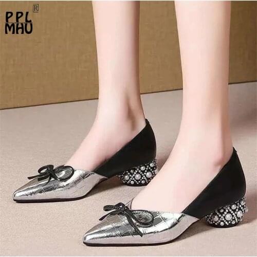 Silver PU Leather Pointed Toe Shallow Office Shoes Rhinestone Women Low Heels Shoes Retro Plaid Butterfly-knot Single Shoes