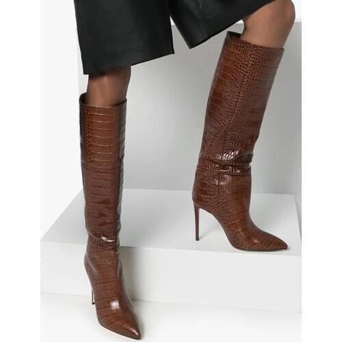 Autumn And Winter New Fashion Boots Women Crocodile Like Pointed Toe Thin Heels High Heel Knee Boots Pink Shoes Woman Long Boot