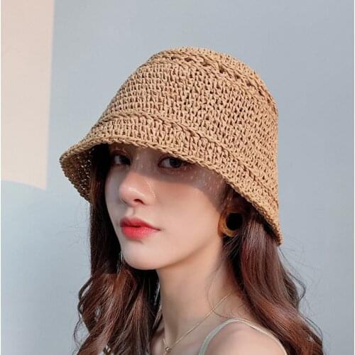 Summer Women Sun Hat Handmade Straw Hat Girl Vintage Beach Hat Sun Protection Hat Panama Chapeu Feminino Anti-UV Bucket Hat