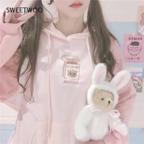 Kawaii Bunny Hoodie Women Korean Style Sweatshirt Winter 2021 Fashion Long Sleeve Cute Tops Soft Girls Plus Velvet Warm