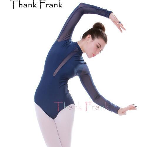 Women Ballet Gymnastics Leotards Adult Dark Blue Turtleneck Long Sleeve Leotard Girls Mesh Ballerina Bodysuit Dance Costume C629