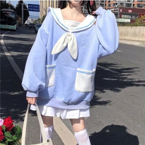 Women Casual Sweatshirt Bowknot Tie Sailor Collar Bear Embroidery Kawaii Hoodies Japanese Preppy Style JK Student Bestie Clothes
