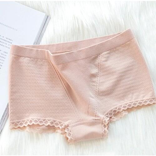 Womens Mid-waist Seamless Boxer Briefs Cotton Crotch Lingerie Breathable Lace Edge Panties Large Size Solid Underwear