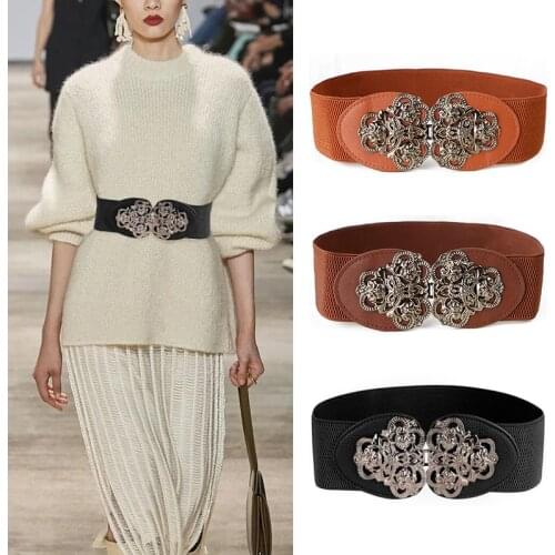 Leather Flower Wide Elastic Belts For Women Vintage Stretch Buckle Waist Belt Ladies Dress Coat Cummerbunds