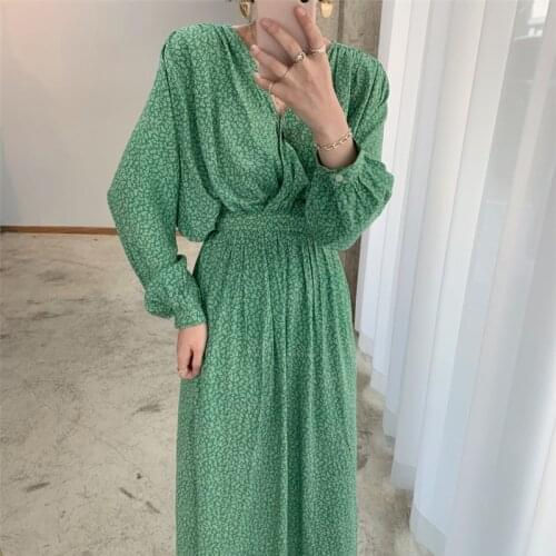 Limiguyue Autumn Women Floral Print Chiffon Maxi Dress Casual Long Sleeve V-Neck Dresses Slim Waist Ankle-length Vestidos K2606