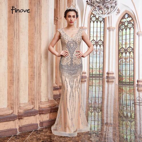 Finove 2020 New Mermaid Evening Dresses Long Sexy V-Neck Backless Beading Floor Length Long Dresses In Women' Dresses Plus Size