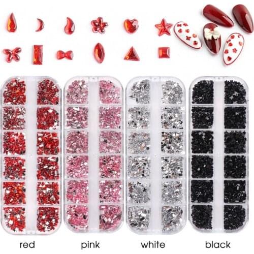 12 Grids Multi Size Shape Resin DIY Manicure 3D Nail Art Phone Case Decorations with Pick Up Tweezer and Dotting Pen