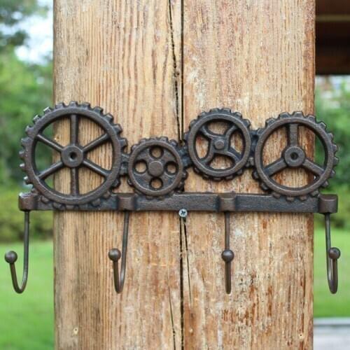 Vintage Industrial Accents Four Wheels Design Cast Iron Wall Hook with 4 Hangings