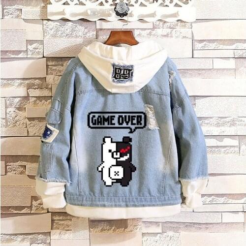 Anime Danganronpa Denim Jacket Cosplay Costume Spring Unisex Cartoon Monokuma Printing Cowboy Hooded Coat Outwear C65M193