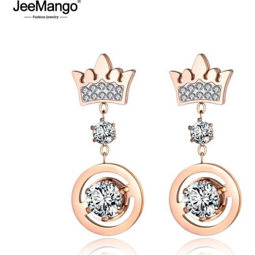 JeeMango New Stainless Steel Rose Gold Cubic Zirconia Crown Stud Earrings Sparkling Wedding Earrings Jewelry For Women JE19092