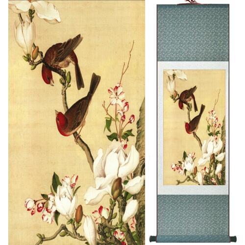 LangShining ink painting Birds and flower Painting Spring Ink wash painting silk scroll birds and flower painting
