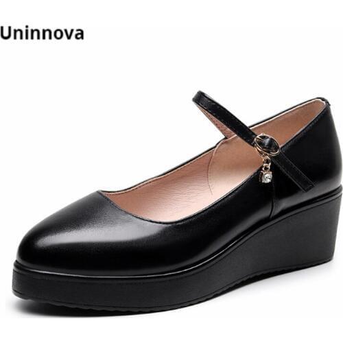 Mary Jane Genuine Leather Wedges Pointed Toe Platform Elegant Women Shoes For Business Office Pumps Crystal Shallow Shoes WP154