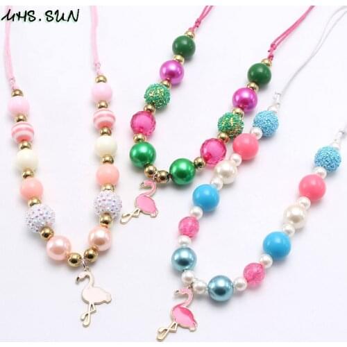 MHS.SUN Flamingo Pendants Baby Girls Adjustable Rope Necklace Fashion Child Kids Chunky Beads Necklace Charming Jewelry 1Pcs