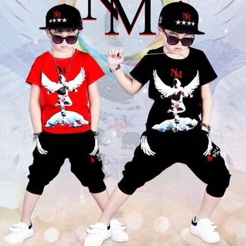 Gothic Fashion Boys Clothes Korean Clothes Big Childrens Two-Piece Creative Kids Short-Sleeved Suit Trend Wholesale