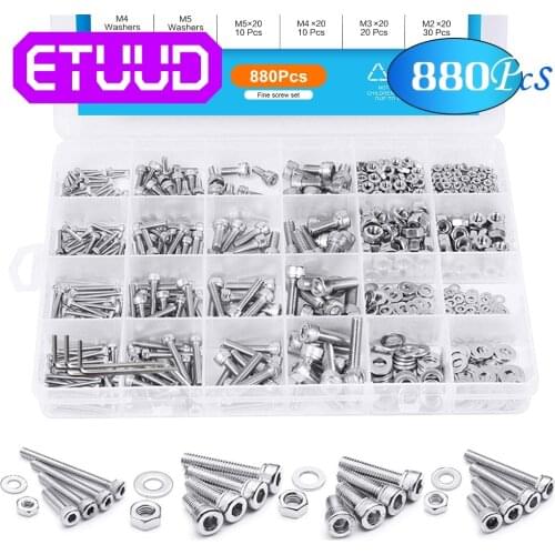 880Pcs M2 M3 M4 M5 Hex Hexagon Socket Screw Set Stainless Steel Flat Round Cap Head Screw Kit Bolts and Nuts Allen bolts Set