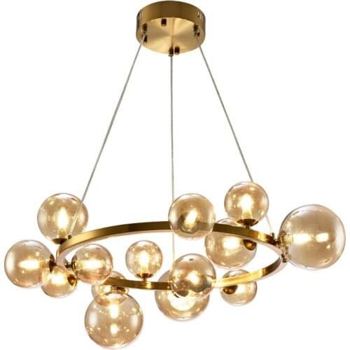 Nordic Quality Led Ring Glass Ball Chandelier Gold Black Ironwork Living Room Bedroom Light Home Decoration Kitchen Room Light