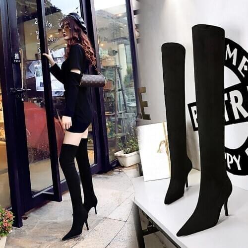 European/American Style Simple Winter Boots jiu bei gen High Heels Pointed Toe Suede Sexy Slimming over-the-Knee Boots 9822-2